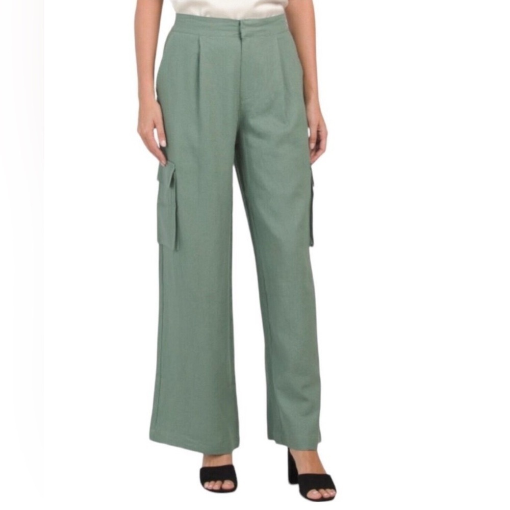 7 For All Mankind Cargo Pants Green Linen Blend Wide Leg High Rise Size Medium